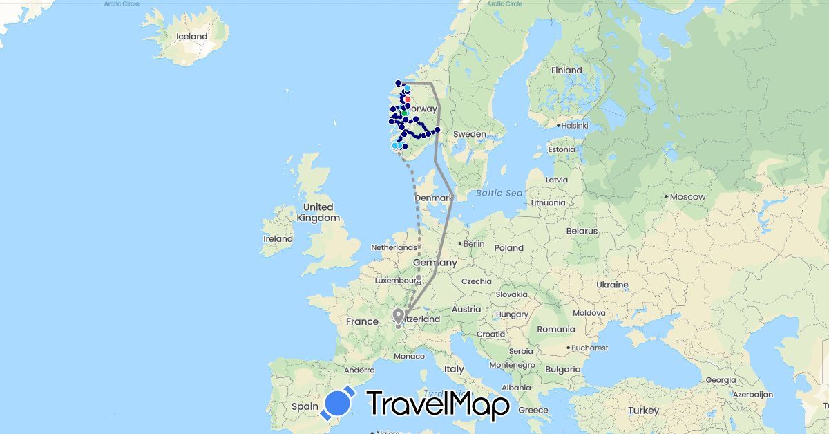 TravelMap itinerary: driving, bus, plane, hiking, boat in Switzerland, Germany, Norway (Europe)